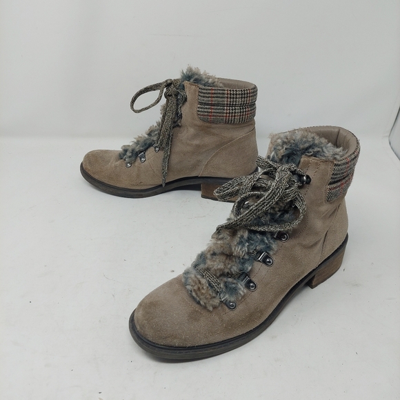 Sam Edelman Darrah Sand Taupe Suede Faux Fur Plaid Ankle Boots Block Heel Size 8 - Picture 1 of 11